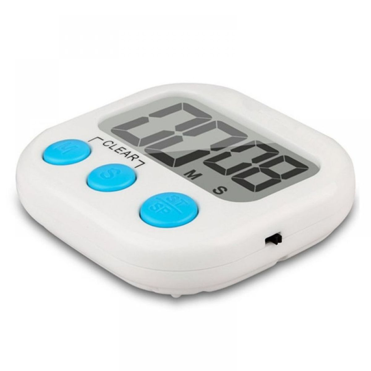 Weißer digitaler Küchentimer mit blauen Knöpfen und einer Digitalanzeige, die die Zeit anzeigt.