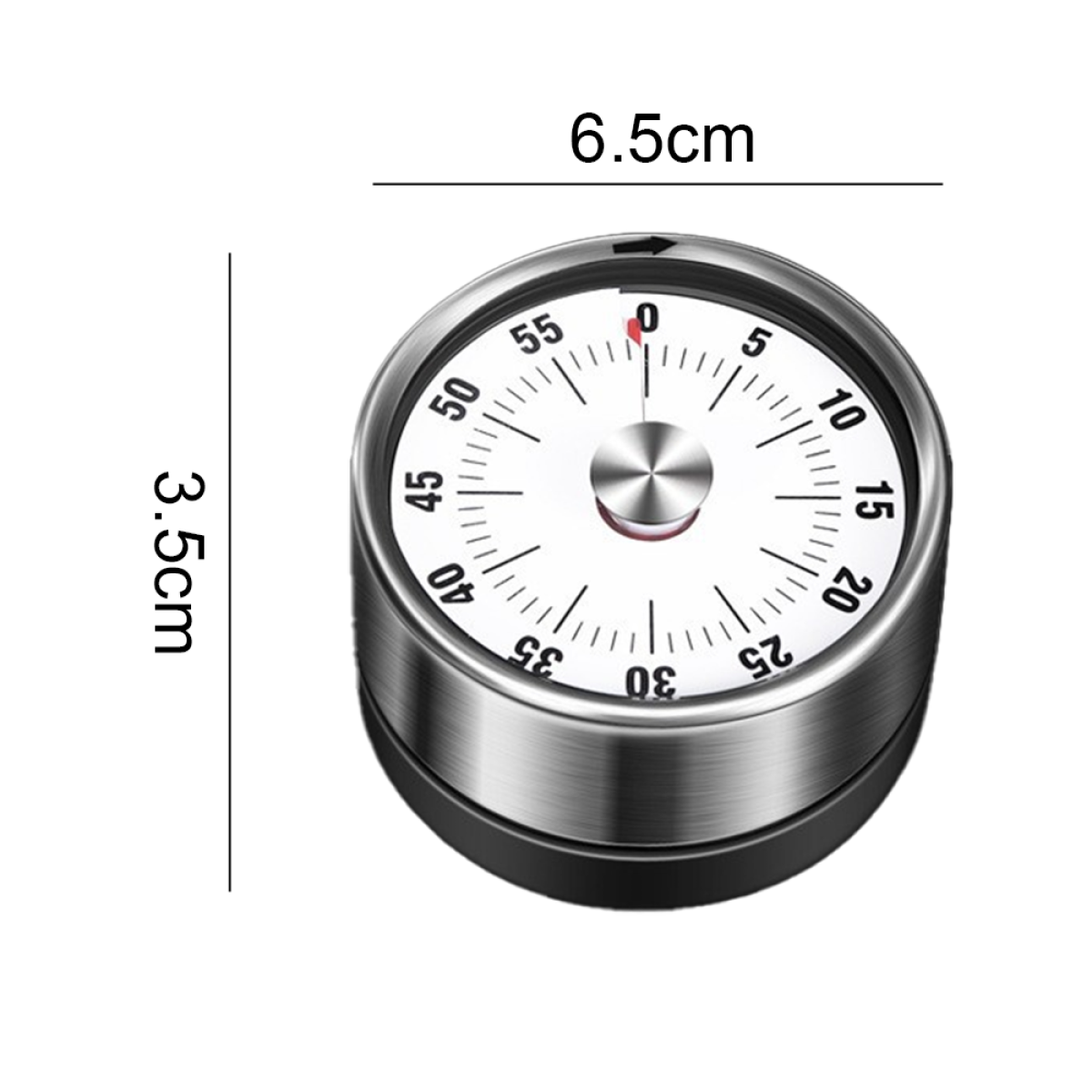 Ein schwarzer und silberner Küchentimer. Der Timer hat ein weißes Ziffernblatt mit Zahlen. Er ist 6,5 cm lang.