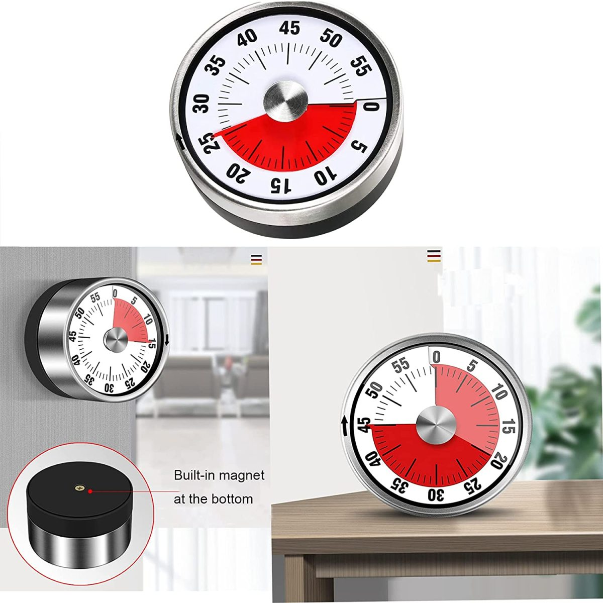 Timer. Draufsicht, Seitenansicht und auf einem Tisch. Rote Zone auf dem Zifferblatt. Eingebauter Magnet.