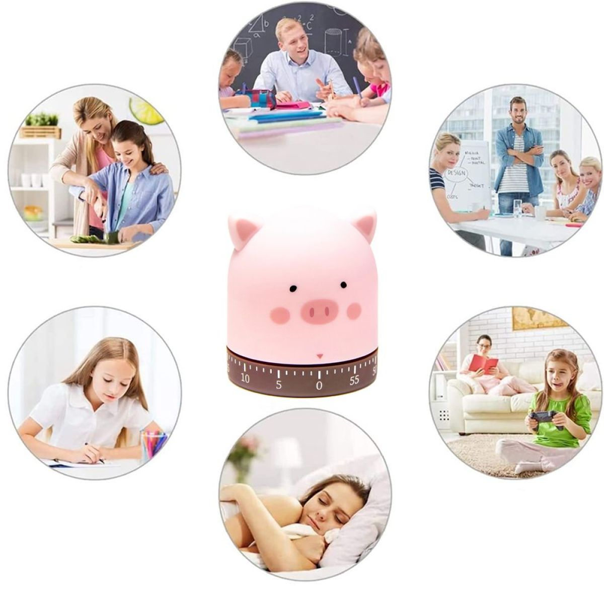 Ein schweineförmiger Timer, umgeben von Bildern von Menschen, die kochen, lernen, arbeiten und sich entspannen. Der Timer ist rosa.