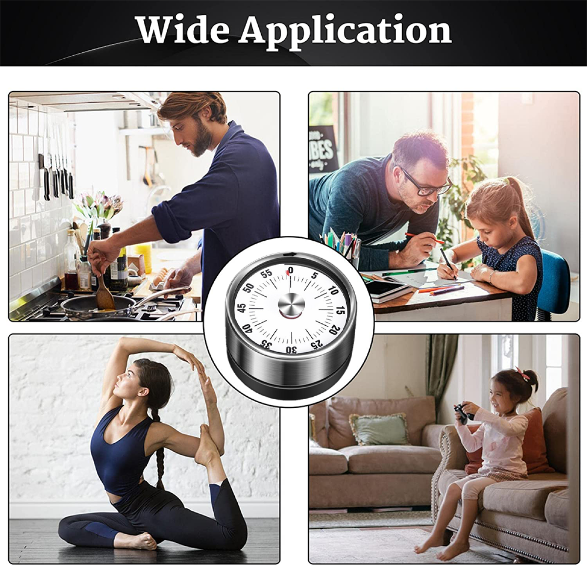 Vier Szenen von Personen, die einen Timer verwenden: Kochen, Lernen, Yoga und Videospiele spielen.