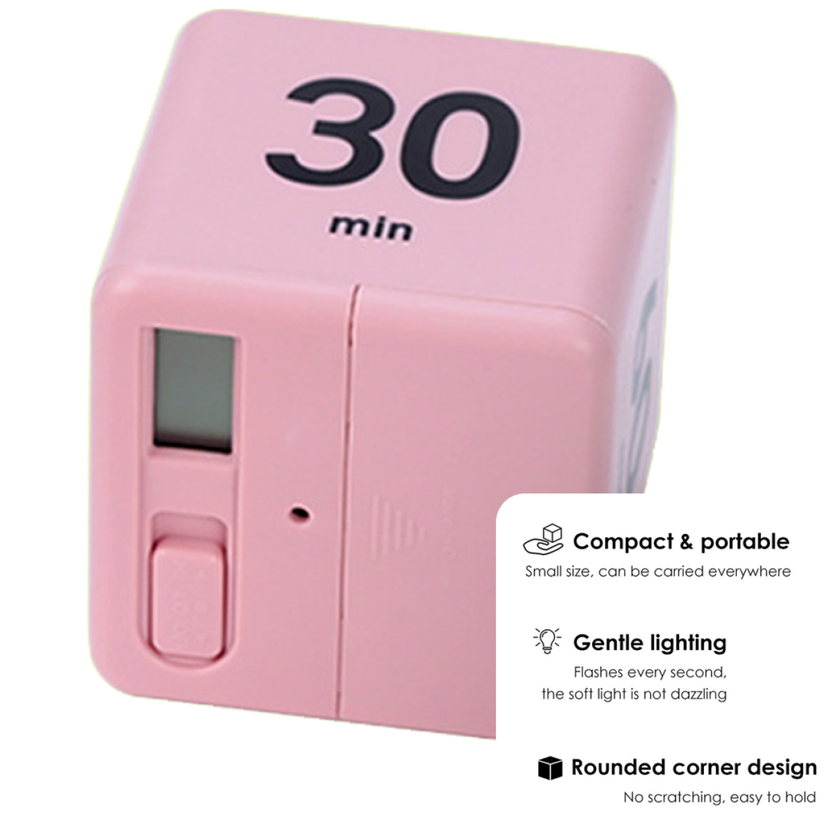 Ein rosa würfelförmiger Timer mit digitaler Anzeige, die 30 Minuten anzeigt. Hat einen Knopf und zusätzlichen Text.