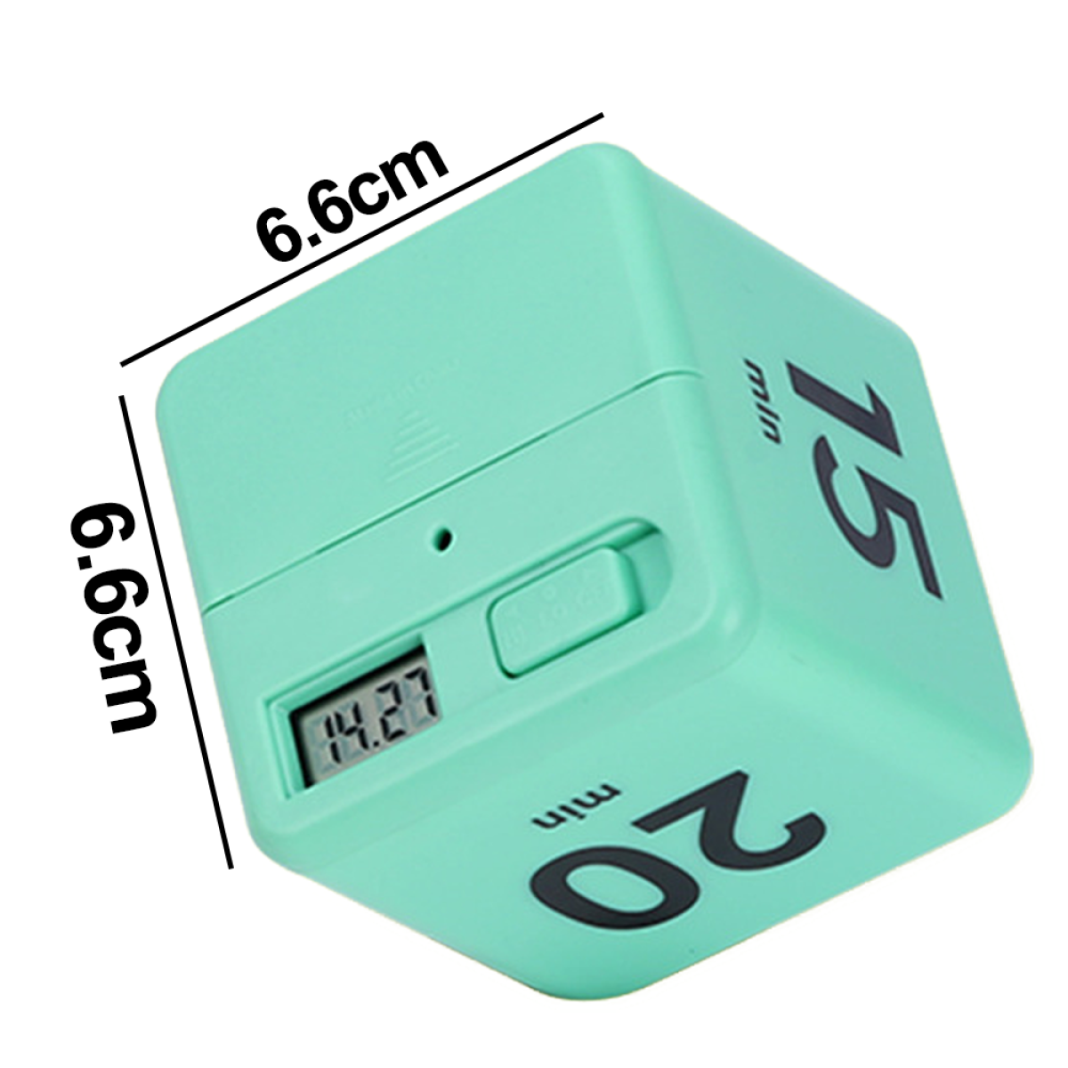Ein Würfel-Timer in Hellgrün mit den Zahlen 15 und 20 auf zwei Seiten. Abmessungen sind angegeben.