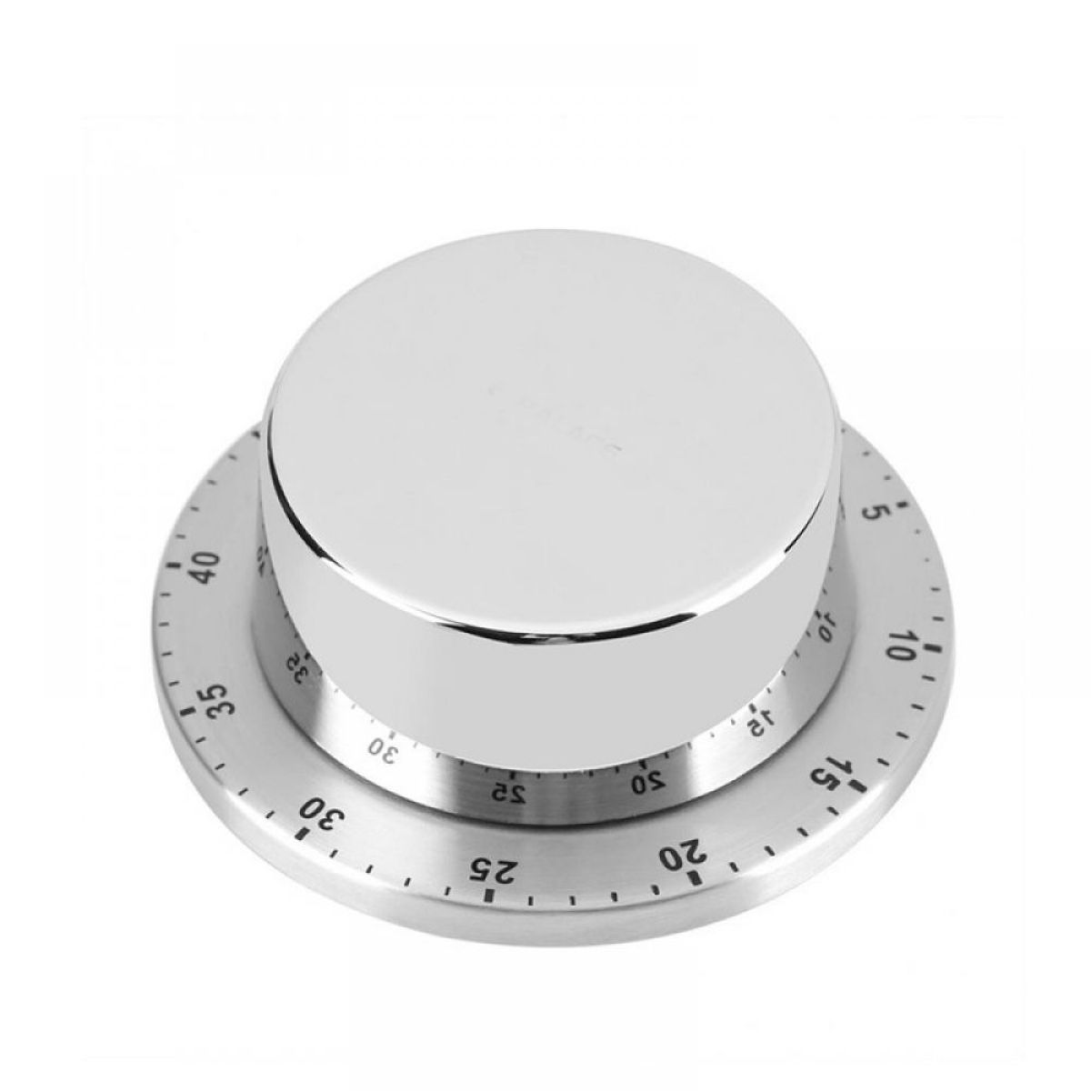 Silberner Timer mit weißem Oberteil und nummerierter Silberbasis, mit Zahlen von 5 bis 40.