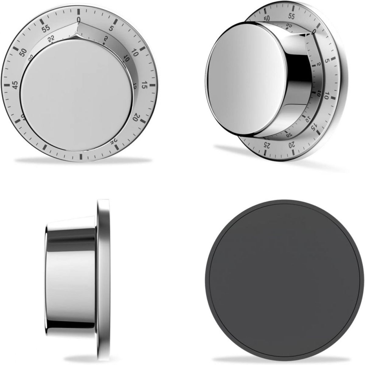Vier Ansichten eines silbernen Küchentimers, der das Zifferblatt und eine schwarze Basis zeigt.