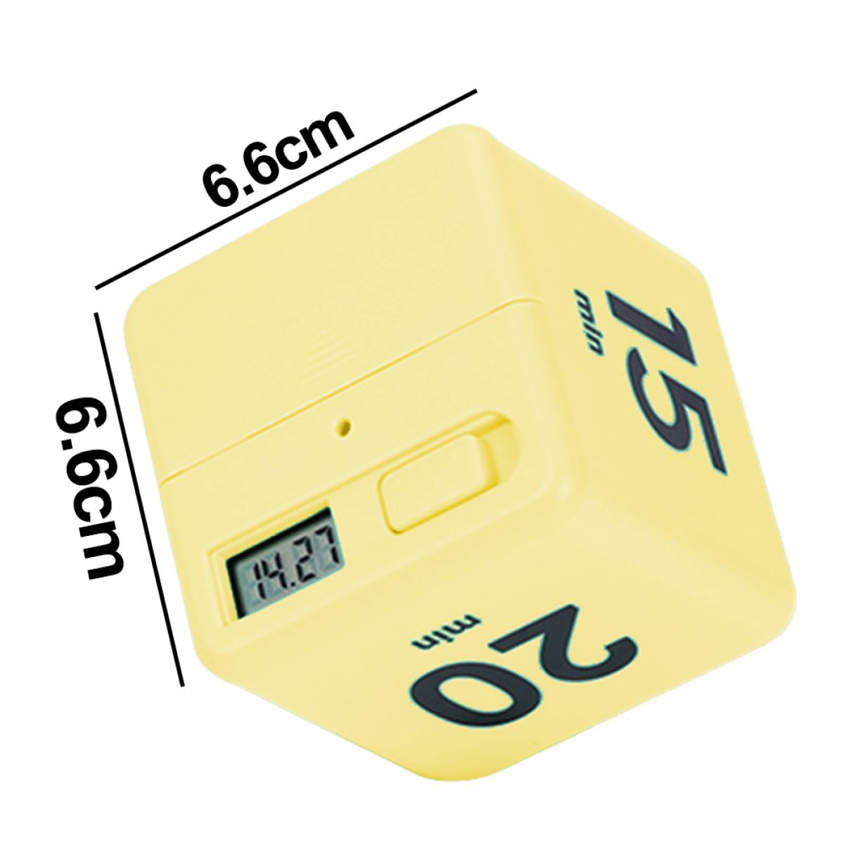 Ein gelber, würfelförmiger Timer mit Digitalanzeige 14:27, schwarze Zahlen.