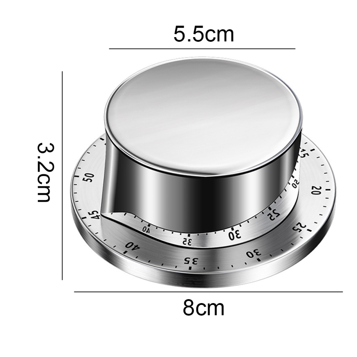 Ein Chrom-Timer mit Messungen, einschließlich 5,5 cm, 3,2 cm und 8 cm. Der Timer ist auf 45 Minuten eingestellt.