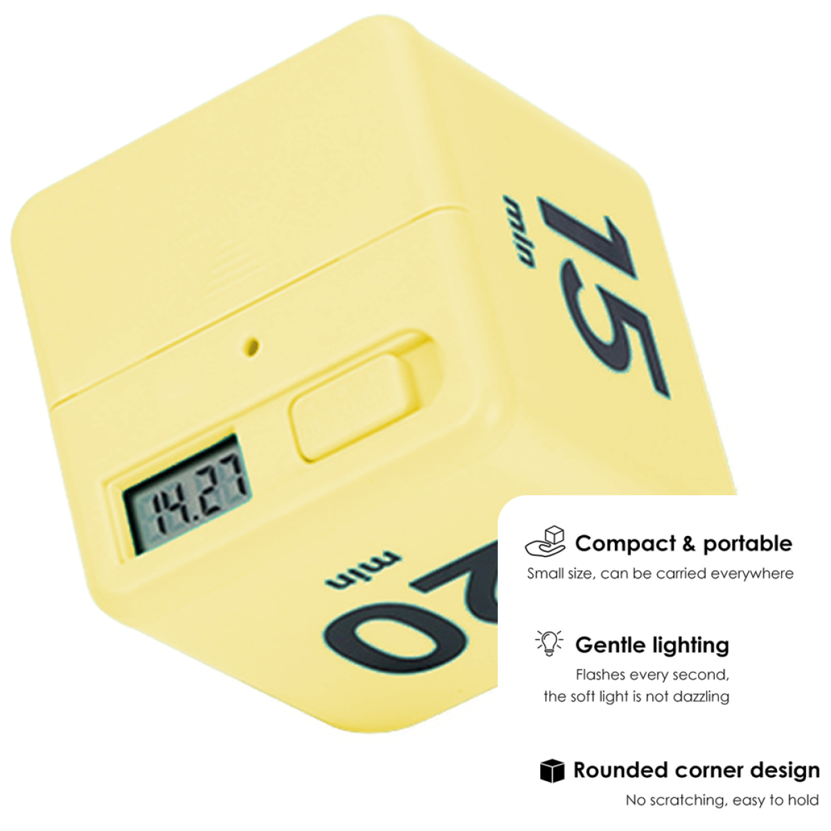 Gelber Timer-Würfel mit Digitalanzeige 14:27 und Text.