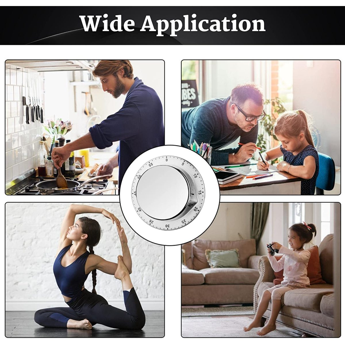 Timer mit Bildern von Kochen, Zeichnen, Yoga, Spielen. Weißer Hintergrund.