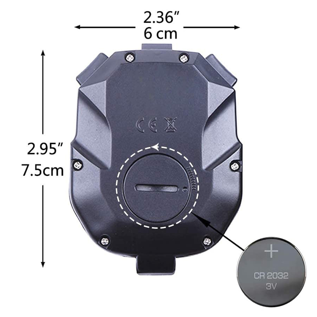 Ein schwarzes Gerät mit Abmessungen, einer Batterie und CR2032.