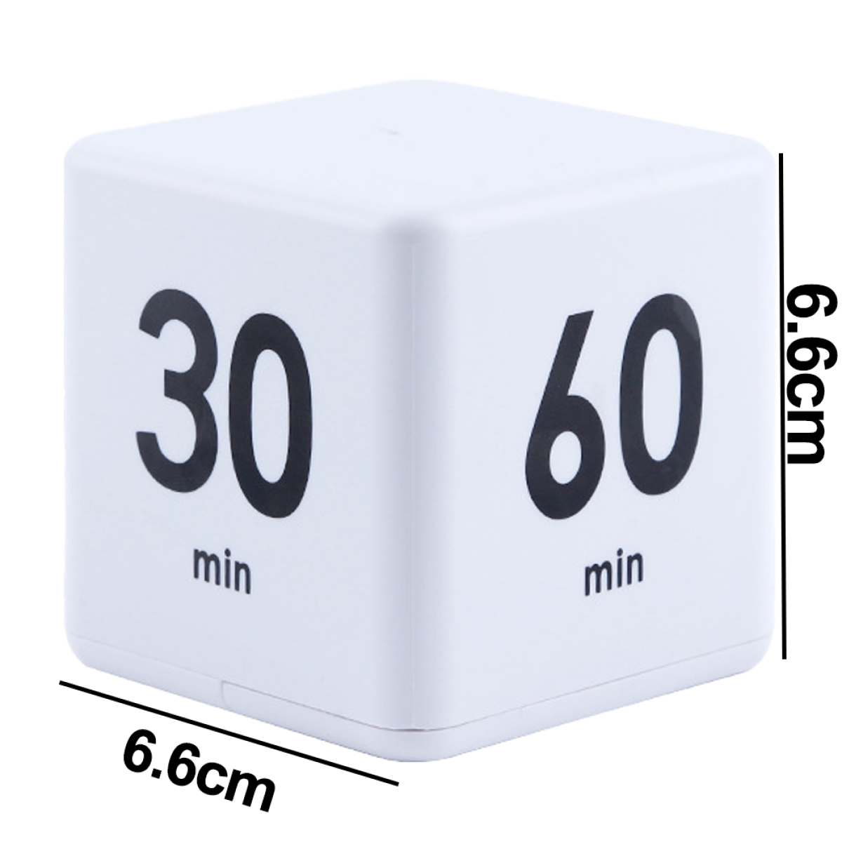 Ein weißer Würfel-Timer mit den Zahlen 30 und 60 auf zwei Seiten, misst 6,6 cm. Schwarze Zahlen auf weißem Grund.
