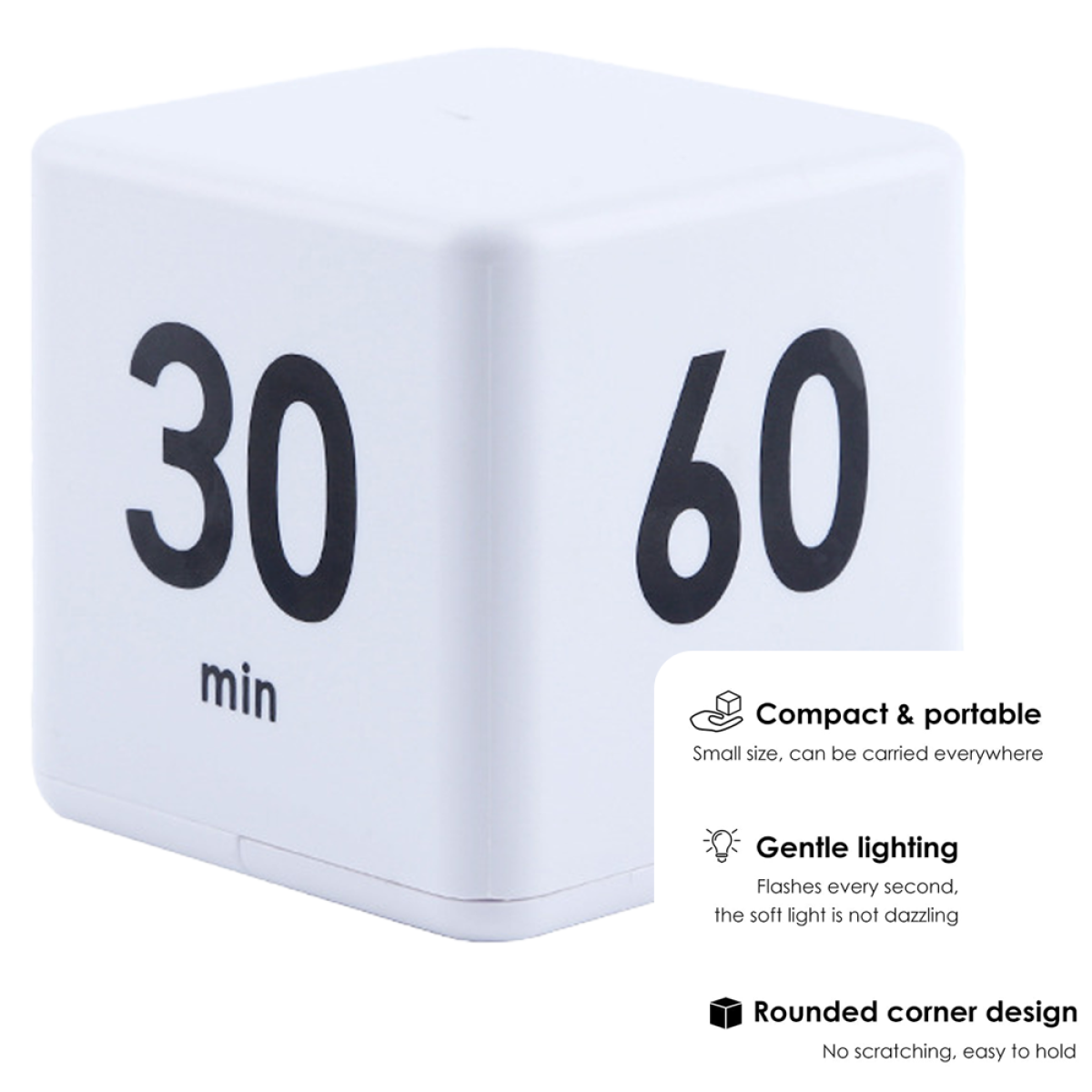 Weißer Würfel-Timer mit '30 min' und '60' auf den Seiten.