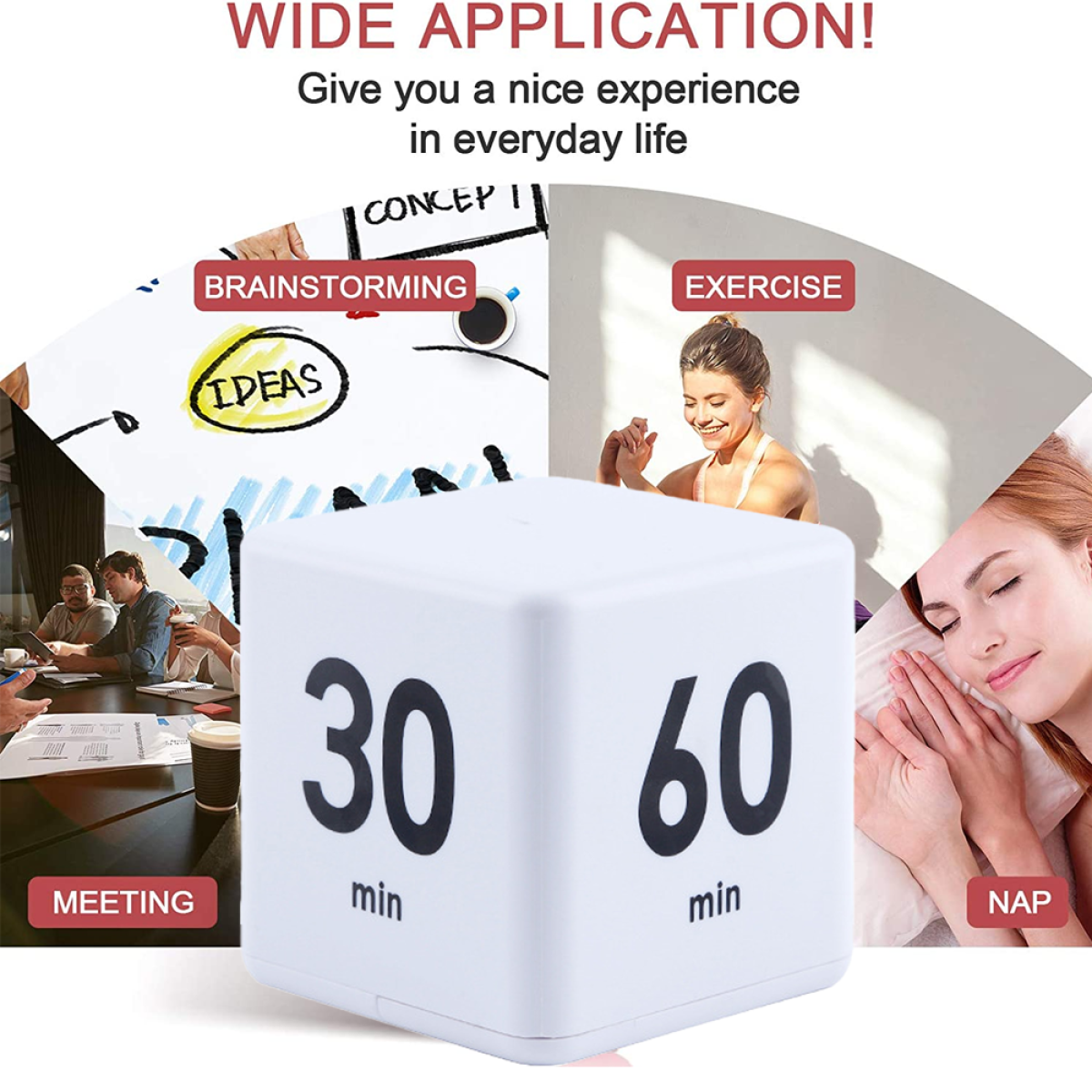 Ein weißer Würfel-Timer mit den Zahlen 30 und 60 auf zwei Seiten, umgeben von Szenenbildern.