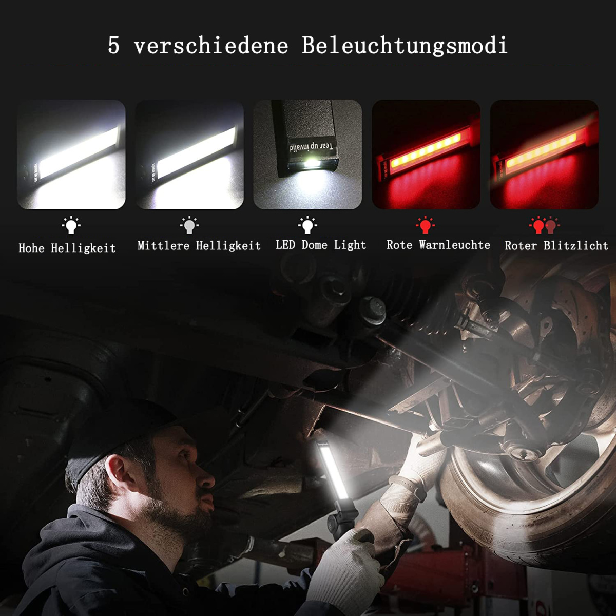 Ein Mann steht unter einem Auto und hält eine Arbeitsleuchte, während verschiedene Lichtmodi oben gezeigt werden.