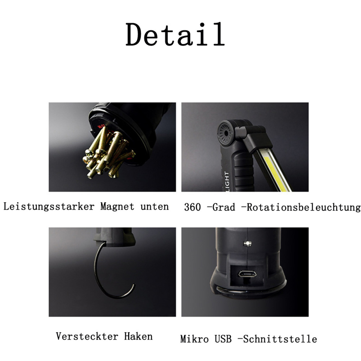 Nahaufnahme einer Arbeitsleuchte mit Magnet, Haken und USB-Anschluss, Merkmale zeigend.