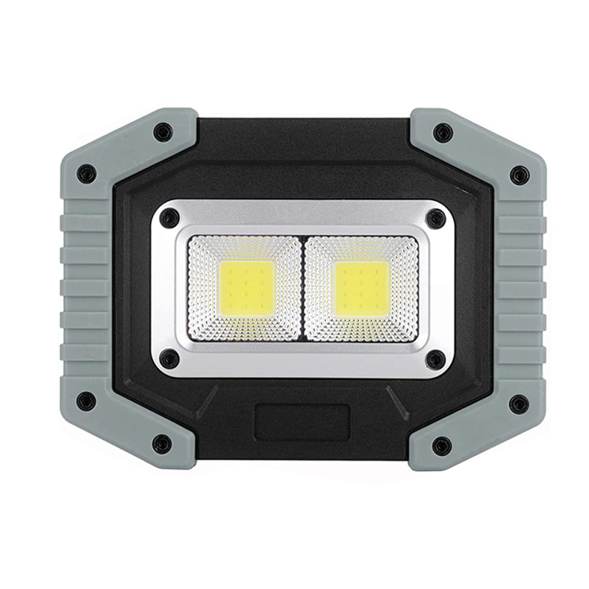 Eine schwarze und graue Arbeitsleuchte mit zwei LED-Leuchten.
