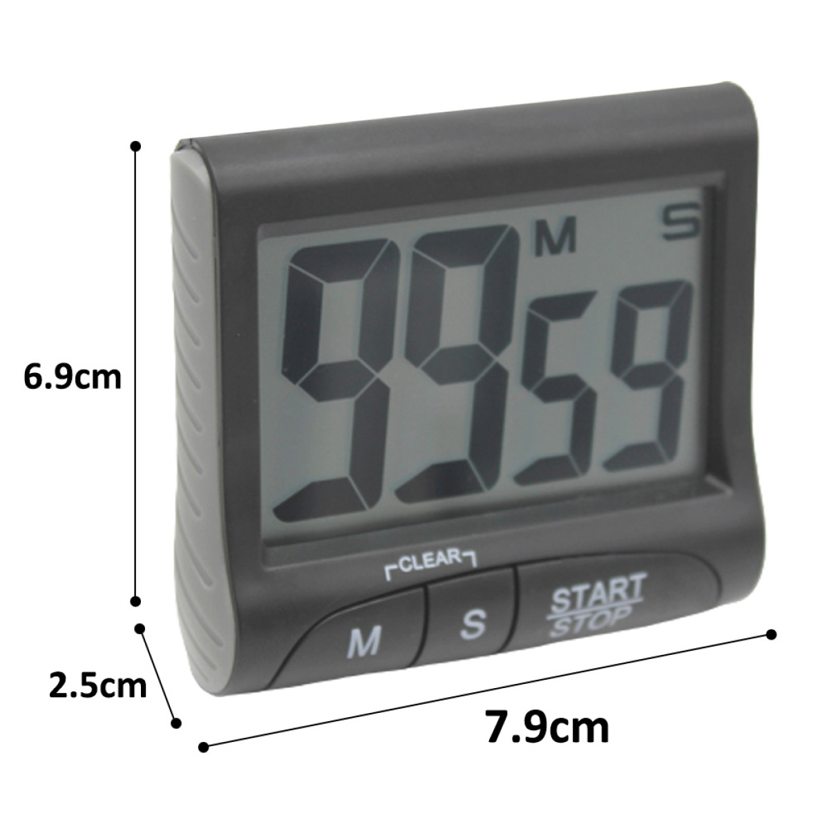Ein schwarzer digitaler Küchentimer. Er zeigt 99:59. Er hat Clear-, Start/Stop- und M- und S-Tasten.