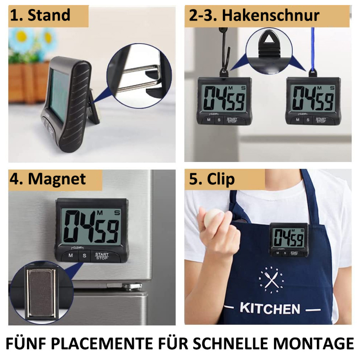 Diagramm mit verschiedenen Möglichkeiten zur Verwendung eines Küchentimers. Beinhaltet Ständer, Magnet, Clip und Aufhängemöglichkeiten.
