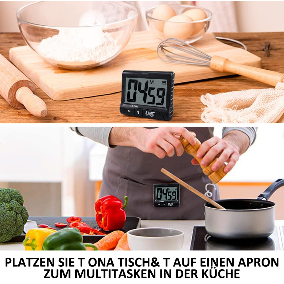 Zwei Bilder, die einen Küchentimer auf dem Tisch und auf einer Schürze in der Nähe eines Topfes mit Essen zeigen.