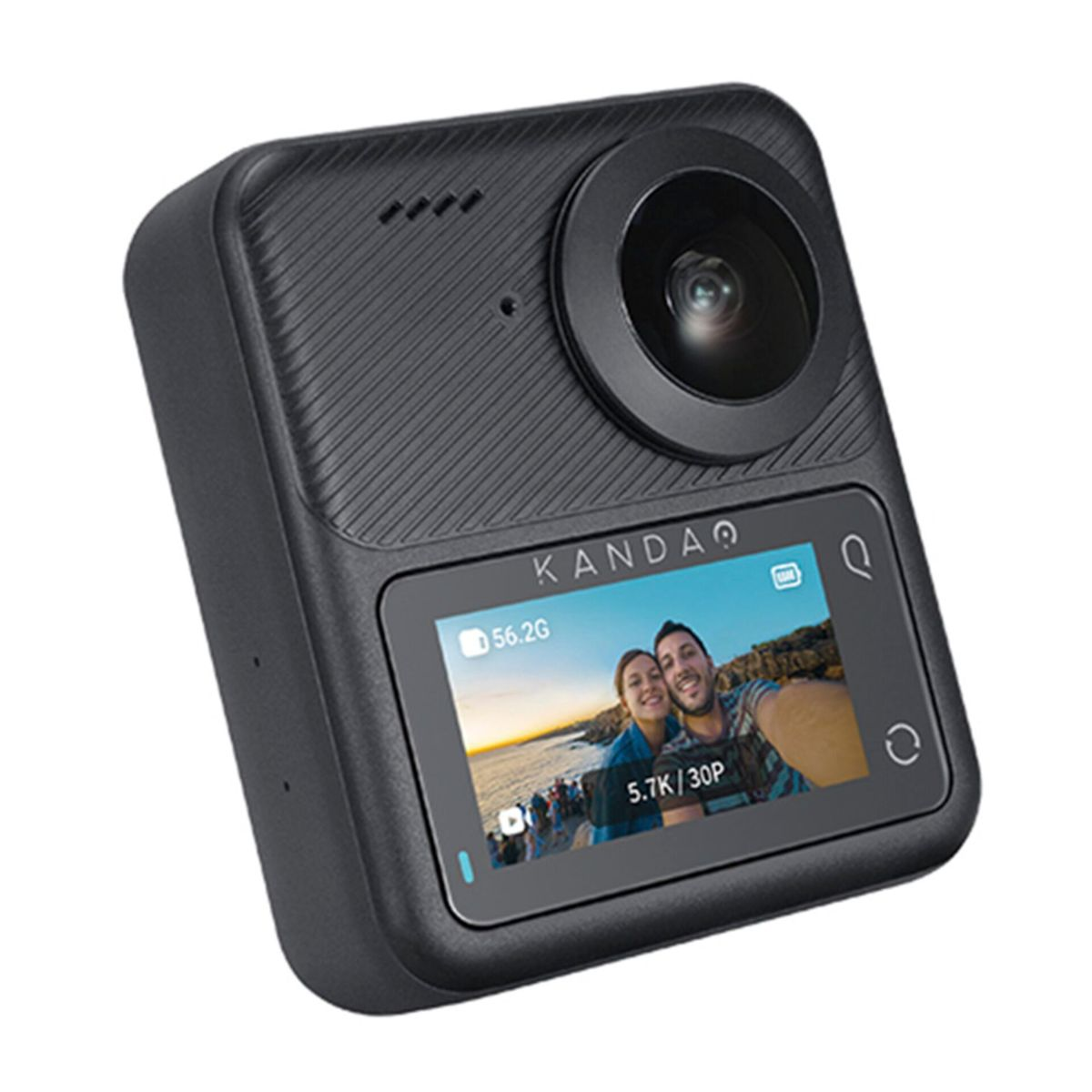 Schwarze 360°-Kamera mit Bildschirm, der zwei Personen zeigt. Kamera hat ein Objektiv.