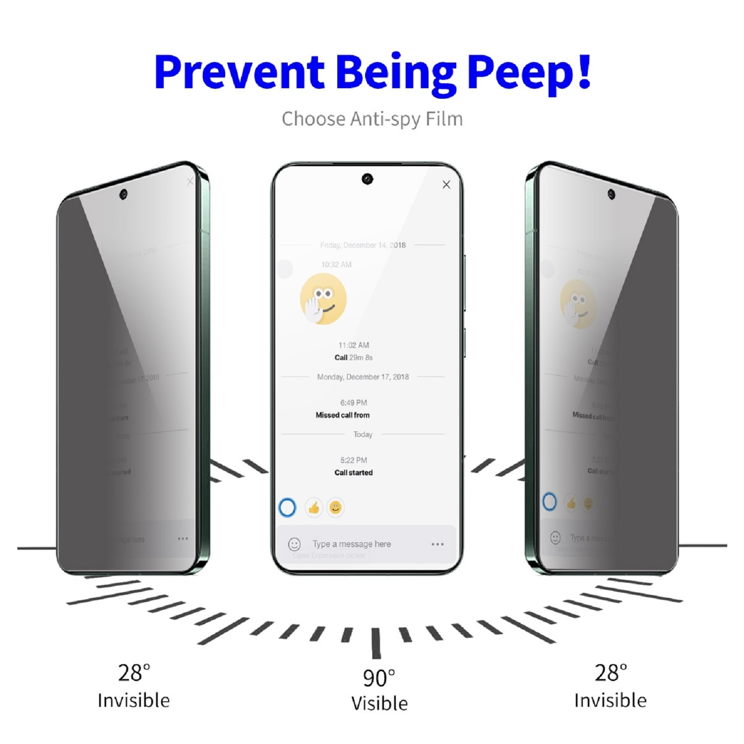 Drei Telefone mit Anti-Spionage-Folie, die verschiedene Ansichten zeigen. Das mittlere Telefon zeigt eine Messaging-App-Oberfläche.