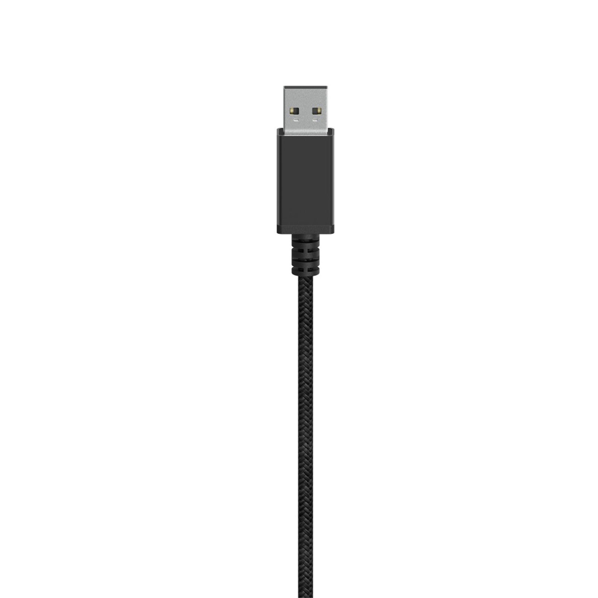 Czarny kabel USB z plecionym wzorem, widoczne złącze USB.