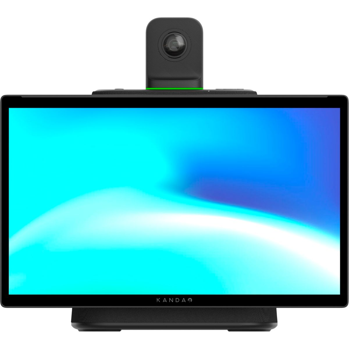 Ein Monitor mit Kamera oben, auf einem schwarzen Ständer. Blauer Farbverlaufshintergrund.