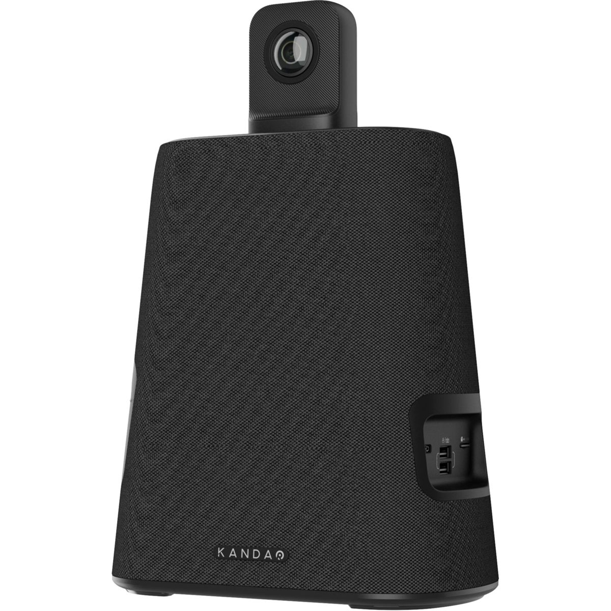 Telecamera per conferenze nera con microfono e fotocamera integrati, montata su un altoparlante nero.