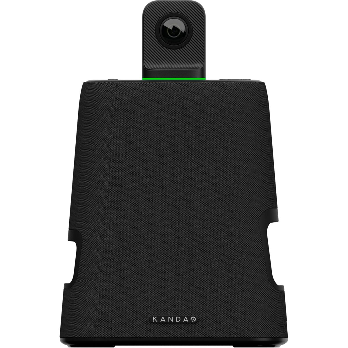 Un dispositivo nero per videoconferenze con una fotocamera in alto.