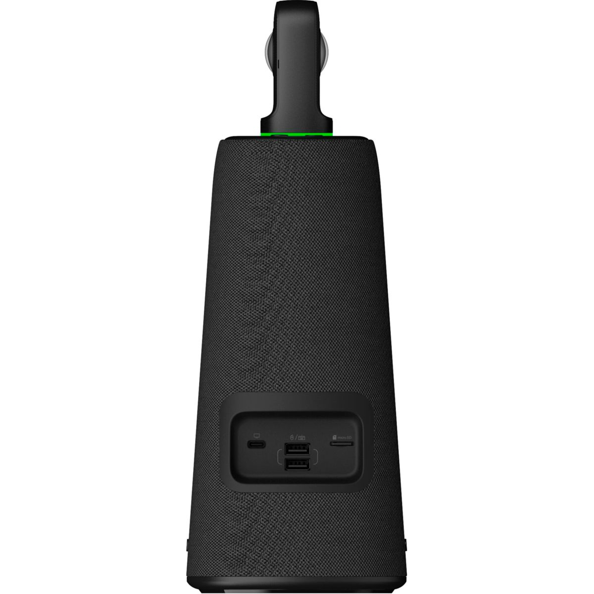 Altoparlante nero con comandi, porte USB e maniglia.