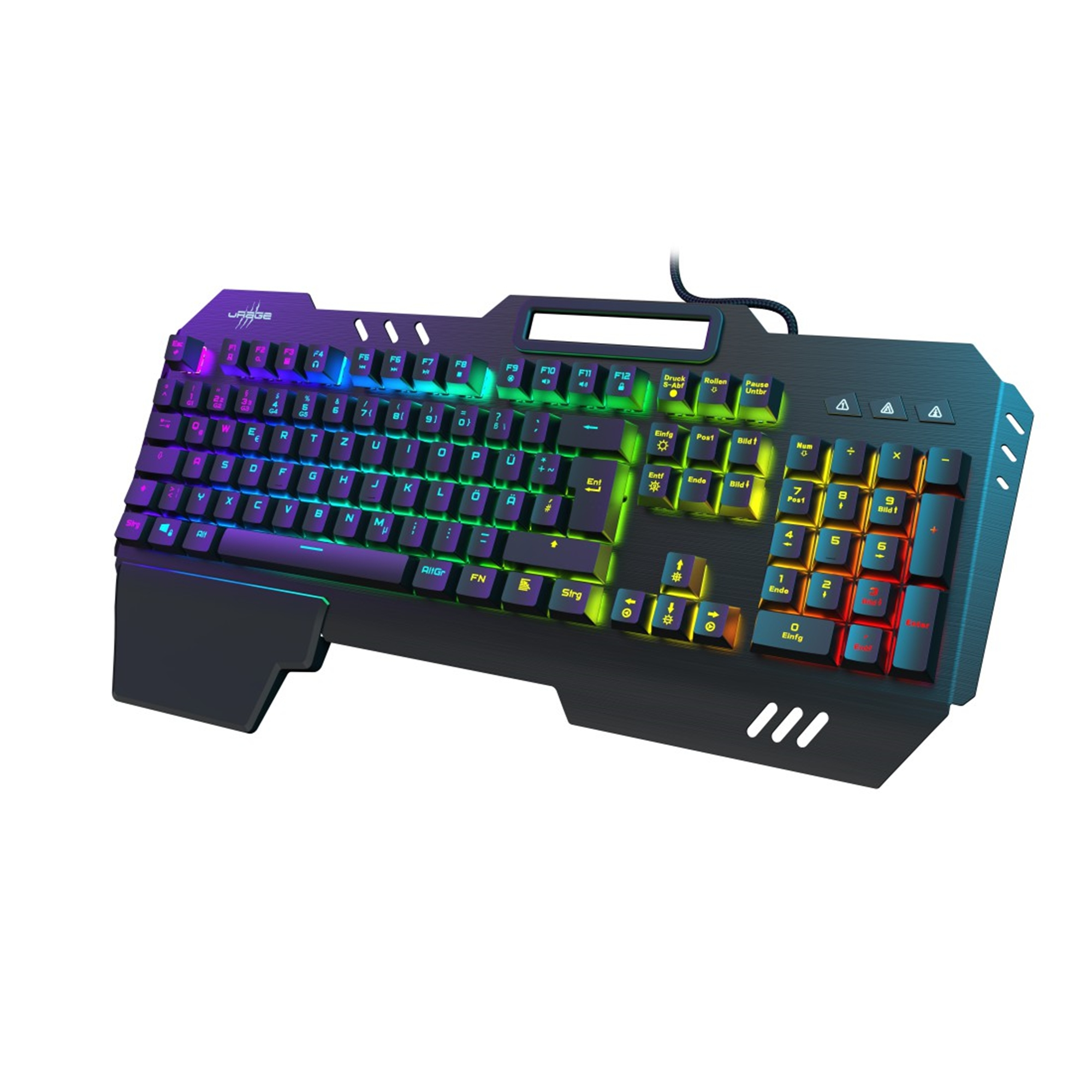 Gaming-Tastatur mit mehreren Farben beleuchtet. Schwarz mit bunten Tasten.