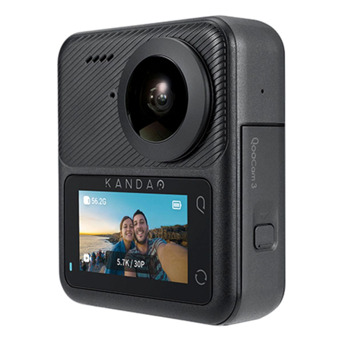 Schwarze 360-Grad-Kamera mit Bildschirm, der ein Paar zeigt, isoliert auf weißem Grund.