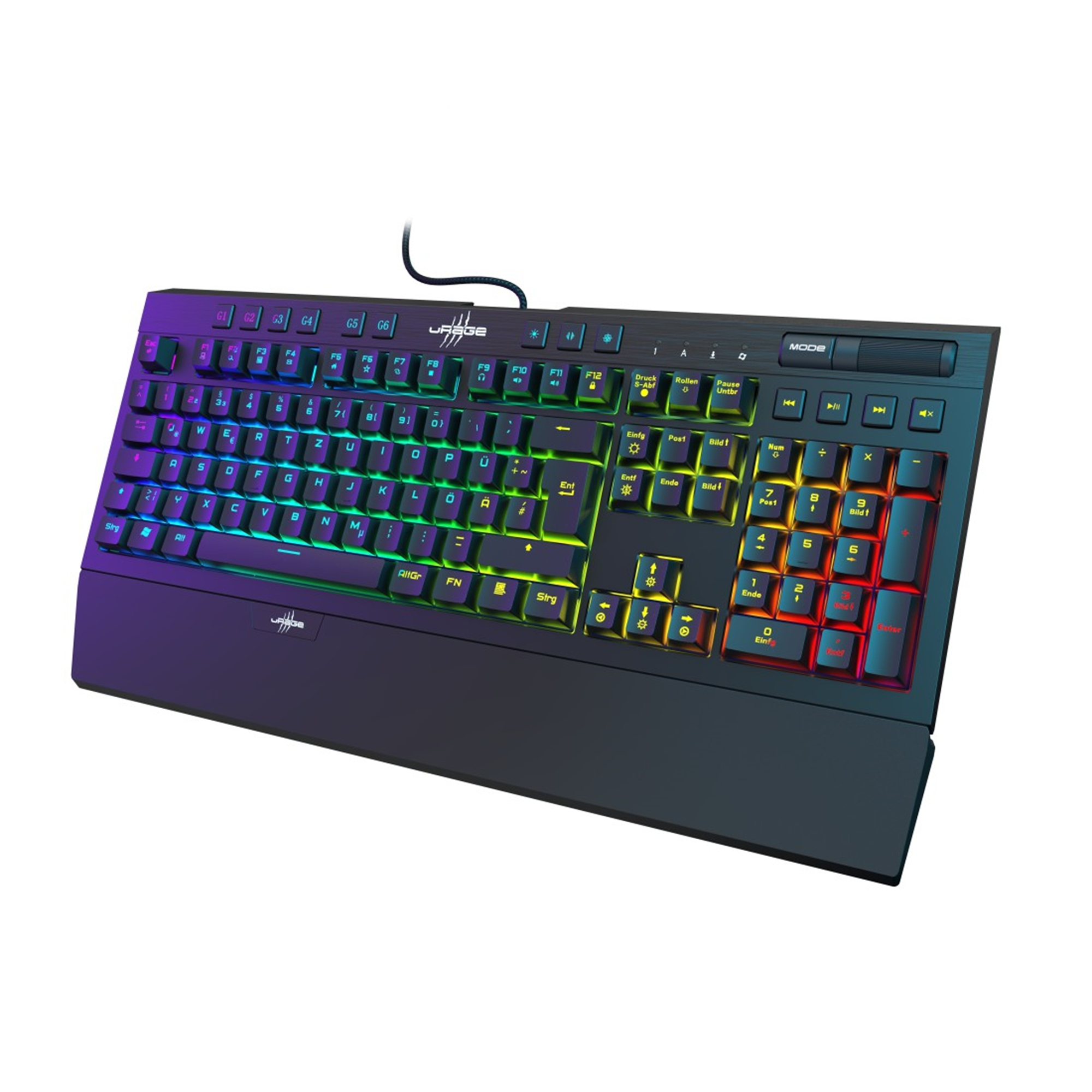 Schwarze Gaming-Tastatur mit Regenbogen-Hintergrundbeleuchtung. Beschriftete Tasten, mit Handballenauflage. Marke Urage.