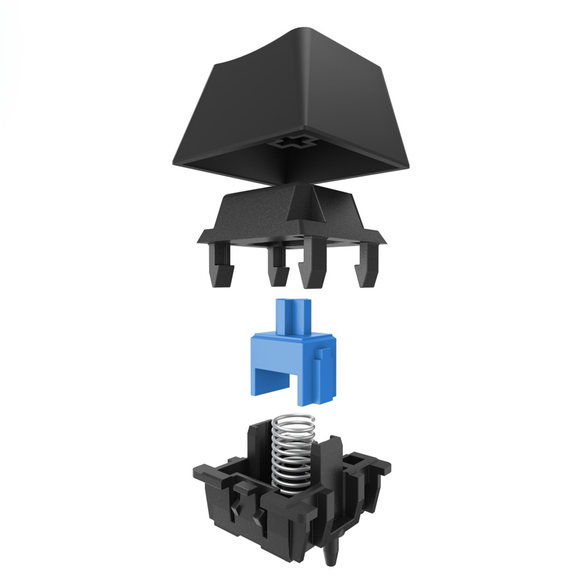Explosionsansicht eines mechanischen Tastaturschalters. Schwarzes Gehäuse, blauer Schaft, Feder und schwarze Kappe.