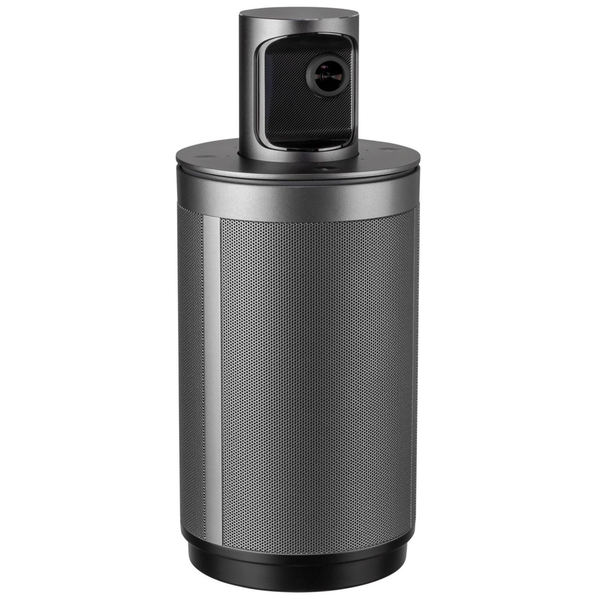 Ein grauer Lautsprecher mit einer Kamera oben. Der Körper ist zylindrisch mit perforiertem Design, schwarze Basis.