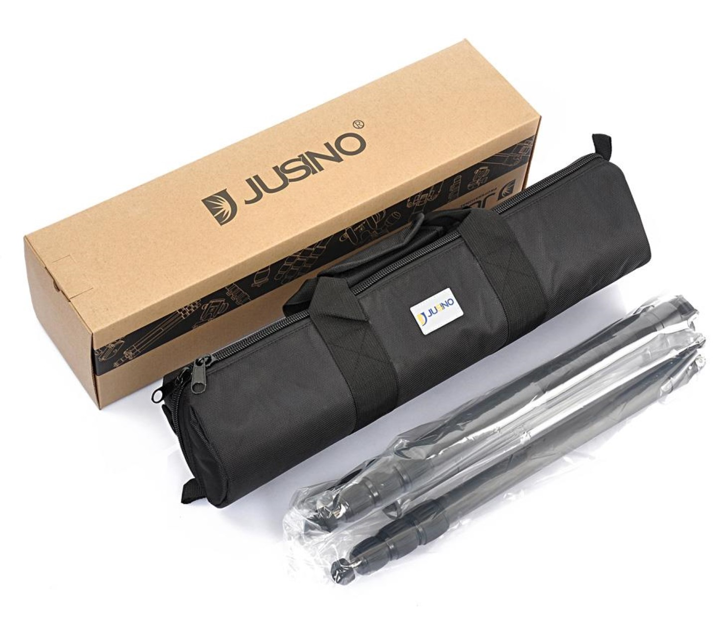 Stativ-Kit: Box, schwarze Tasche und Stativbeine in Plastik.