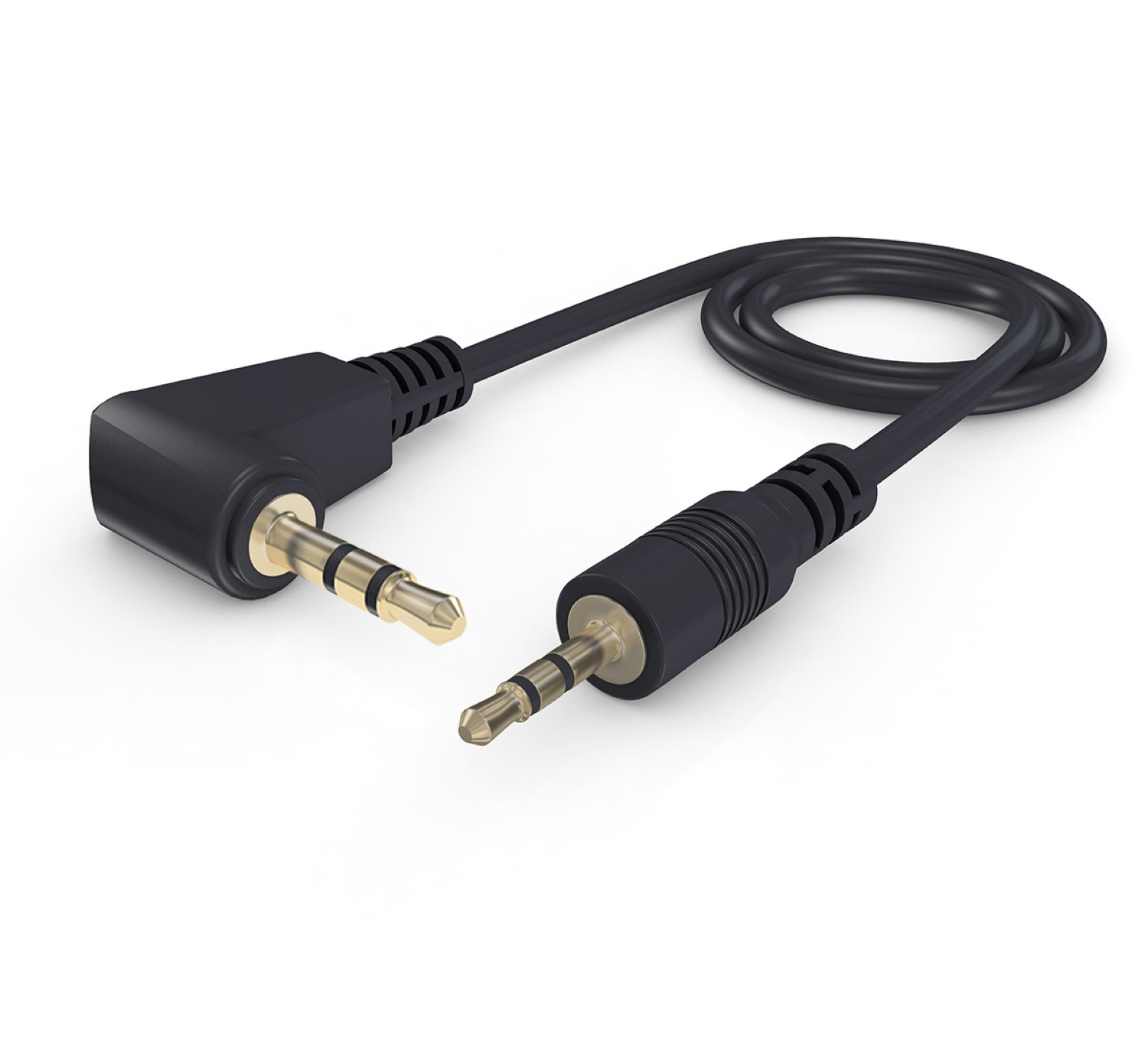 Ein schwarzes Audiokabel mit einem 3,5-mm-Klinkenstecker an beiden Enden, eines gerade und eines abgewinkelt.