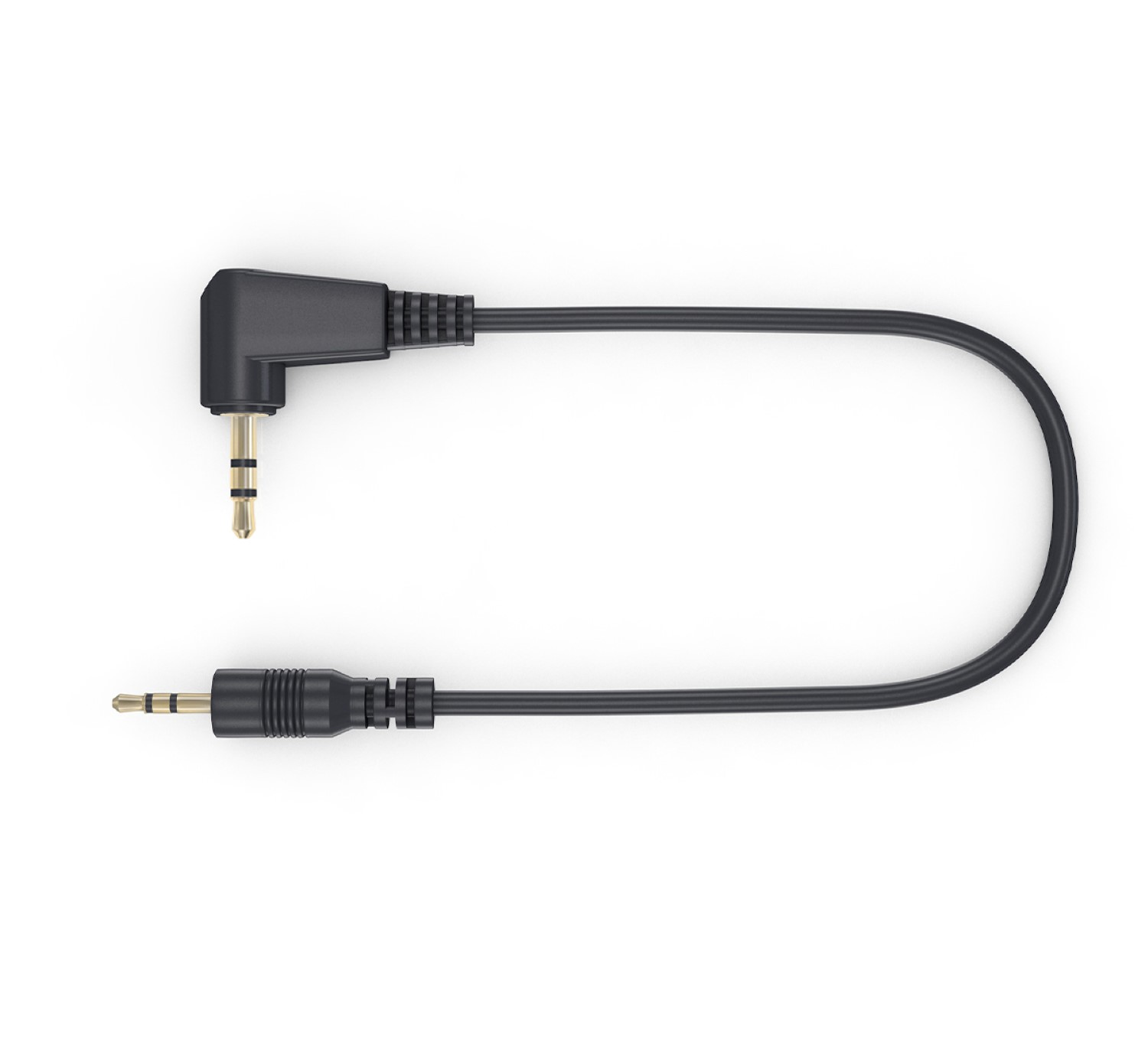 Schwarzes Audiokabel mit einem Winkelstecker und einem geraden 3,5-mm-Klinkenstecker auf weißem Hintergrund.