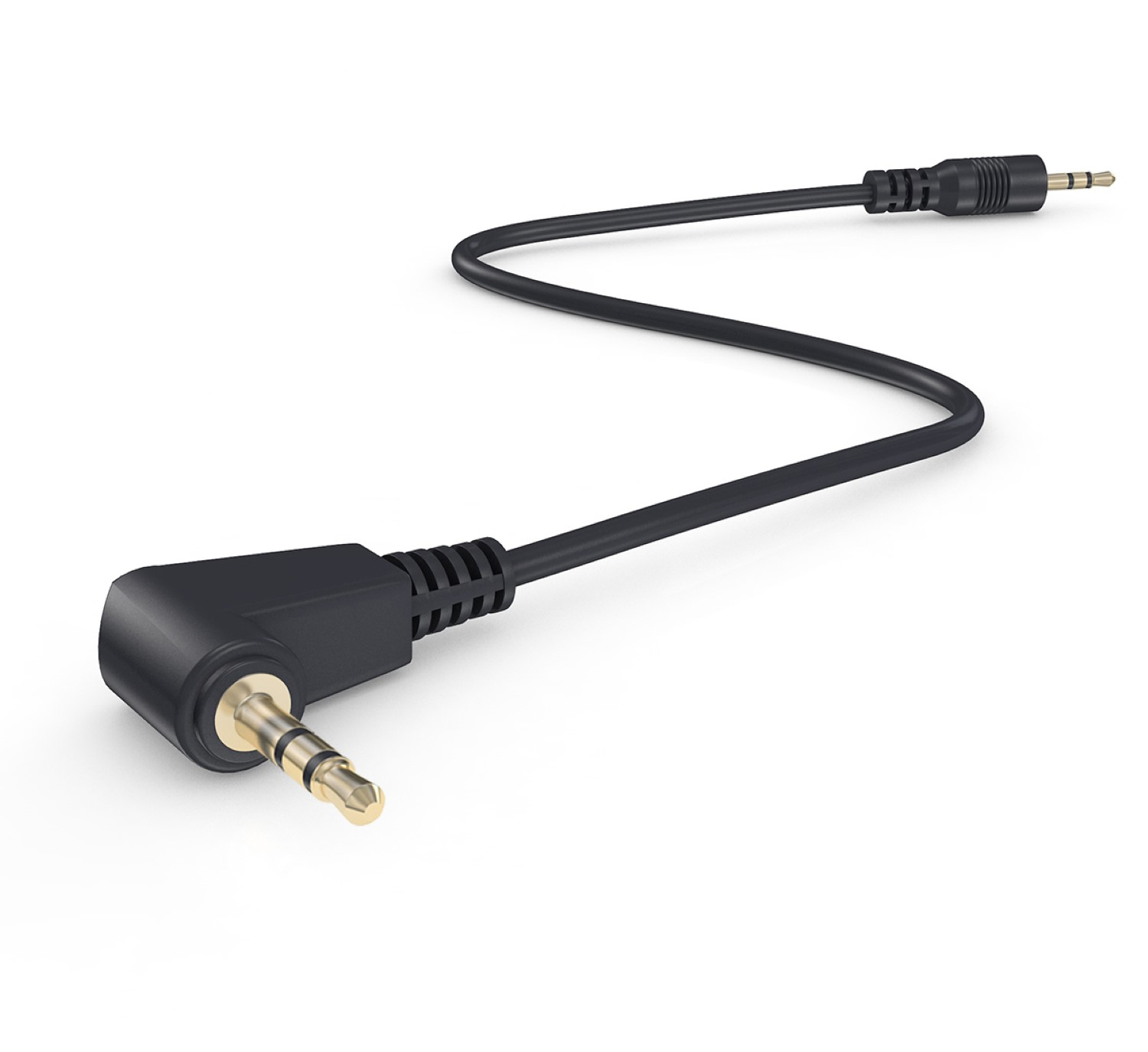 Schwarzes und goldenes Audiokabel. Das Kabel ist an einem Ende abgewinkelt, vor weißem Hintergrund.