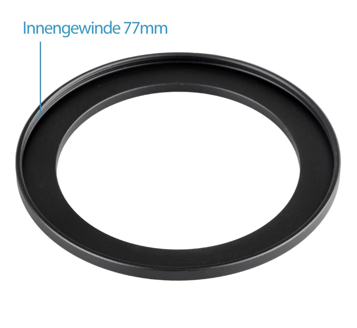 Schwarzer Metallring mit dem Text 'Innengewinde 77mm'. Der Ring hat eine runde Form.