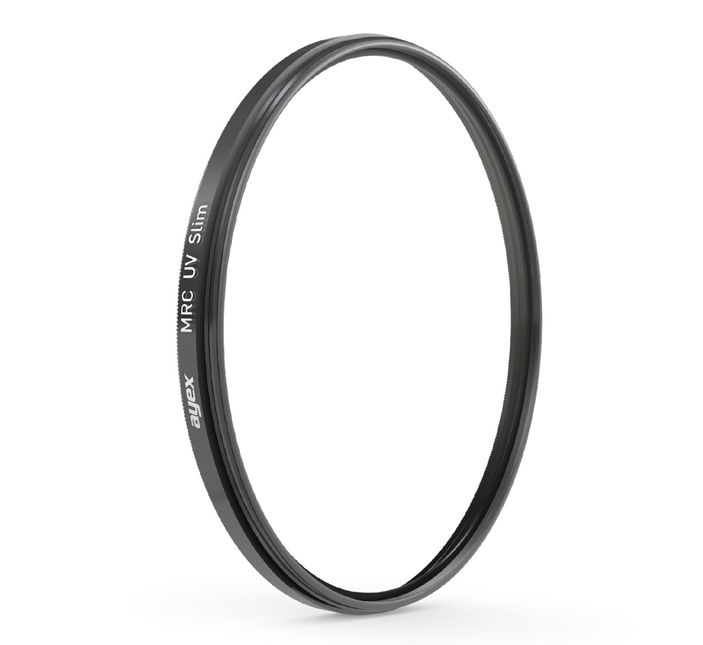 Ein schwarzer runder Objektivfilter mit dem Text 'MRC UV Slim' und dem Markennamen 'ayex' auf dem Rand.