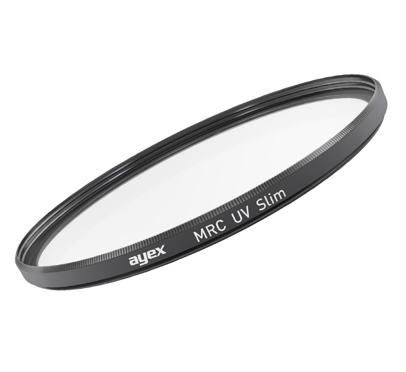 Ein schwarzer Objektivfilter mit silbernem Rand, beschriftet mit 'MRC UV Slim'.