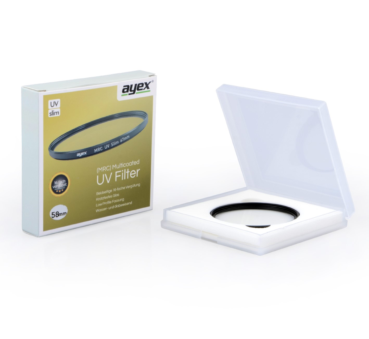 Eine Schachtel und ein Etui mit einem UV-Filter. Die Box ist geöffnet und zeigt den Filter.
