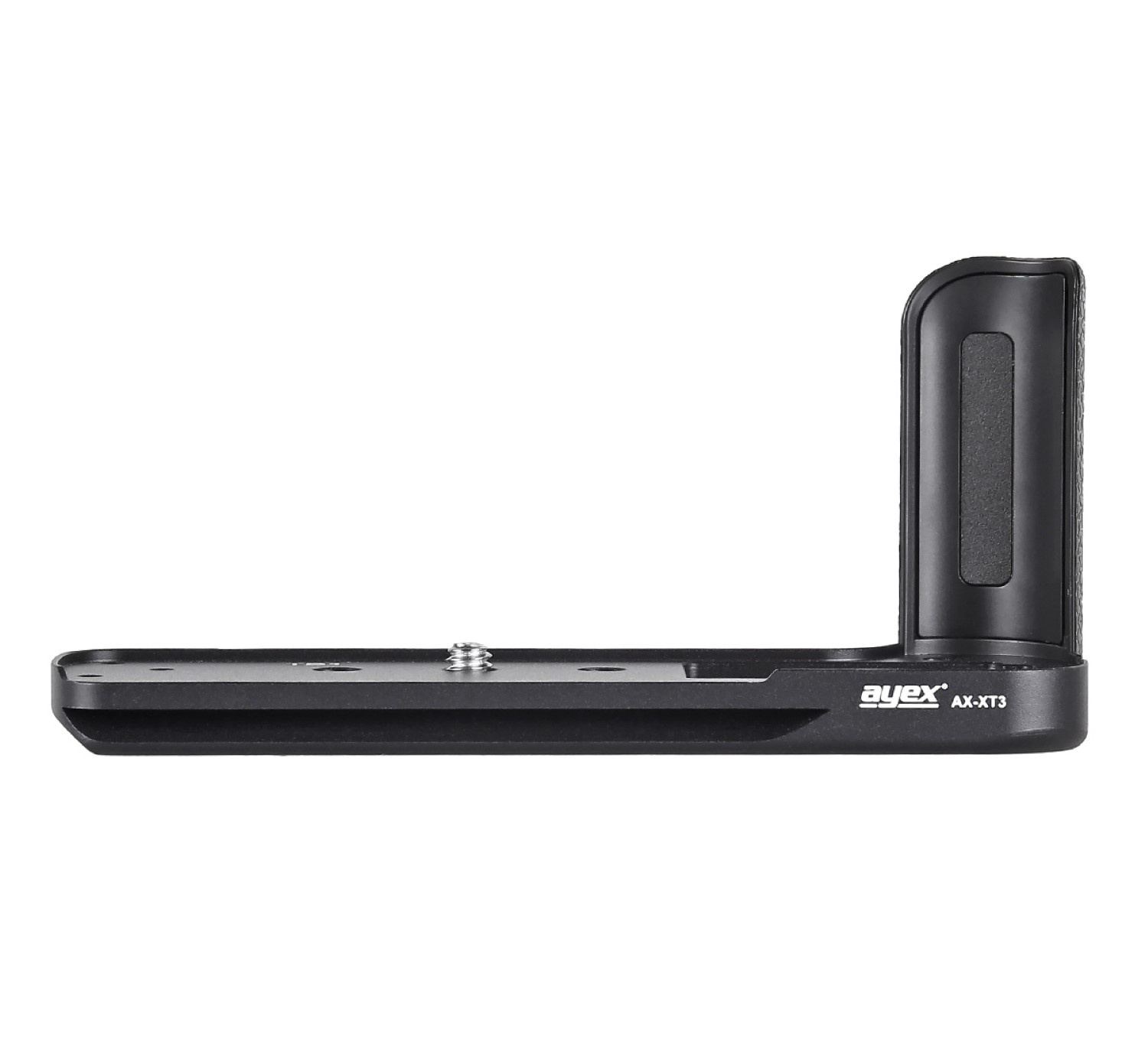 Schwarzer Kamera-L-Winkel mit Griff. Die Marke ist 'ayex', Modell 'AX-XT3', auf weißem Hintergrund.
