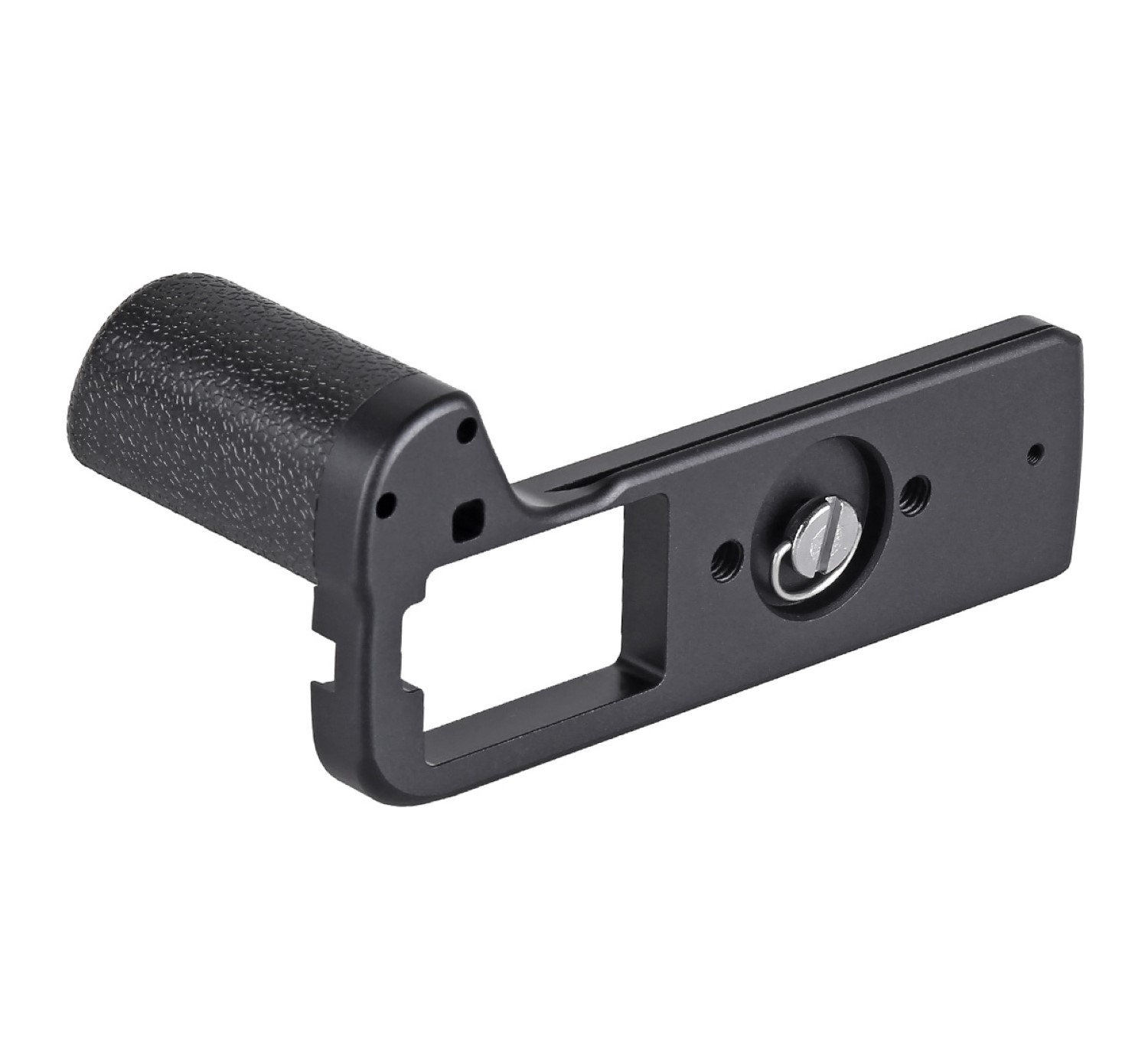 Schwarzer Metall-Kameragriff mit ergonomischem Design. Er hat einen strukturierten Griffbereich und eine Befestigungsschraube.