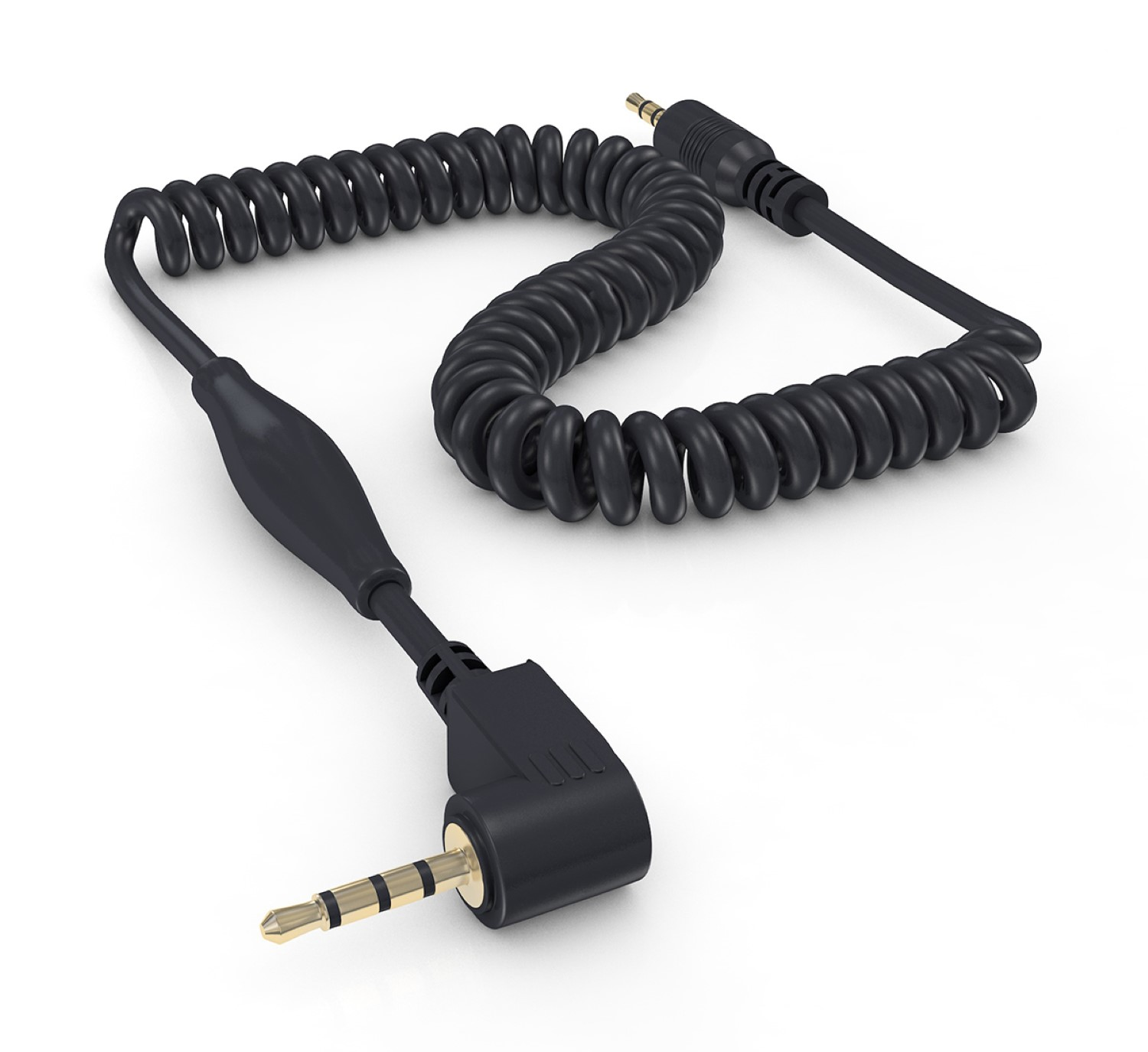 Ein schwarzes, gewendeltes AUX-Kabel mit Goldsteckern auf weißem Grund.