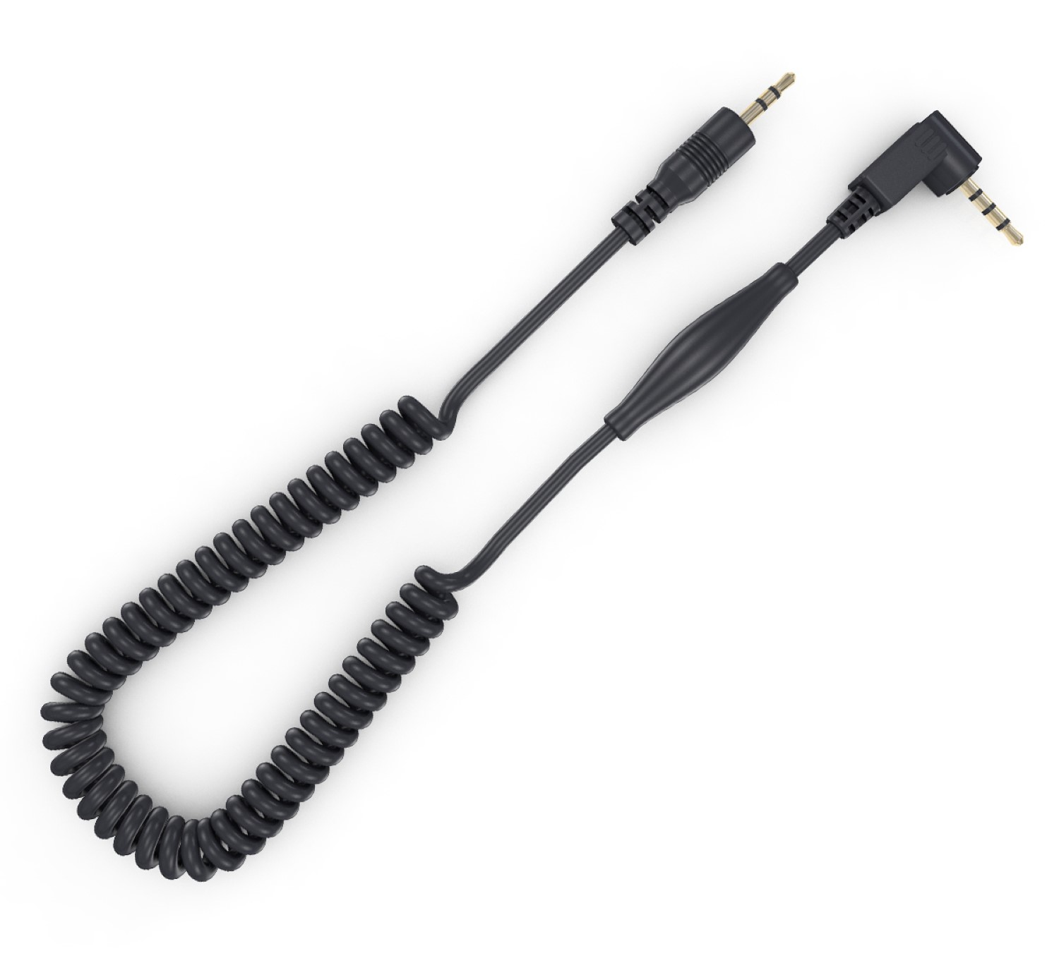 Schwarzes Audiokabel, gewendelt und mit Anschlüssen.