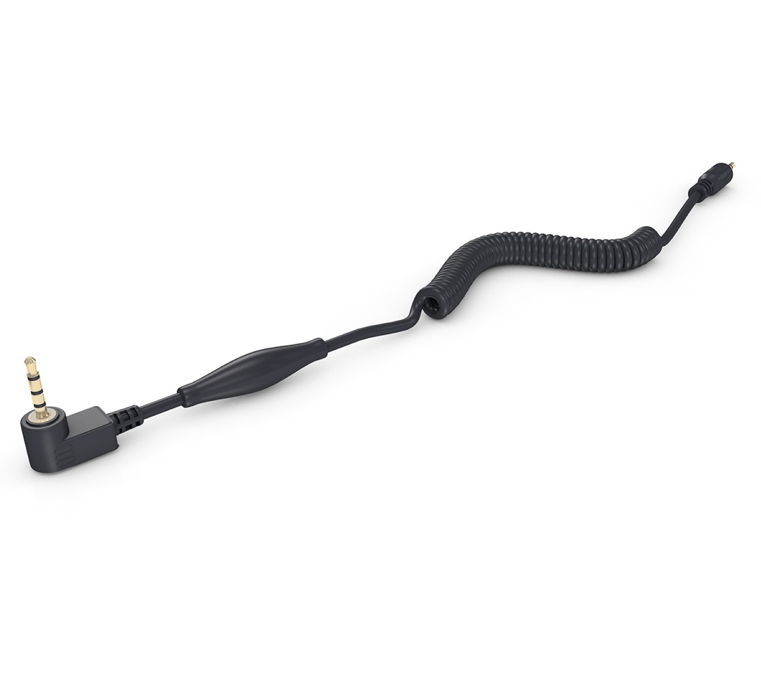Ein schwarzes Spiralkabel mit einem abgewinkelten 3,5-mm-Klinkenstecker an einem Ende und einem geraden Stecker am anderen.