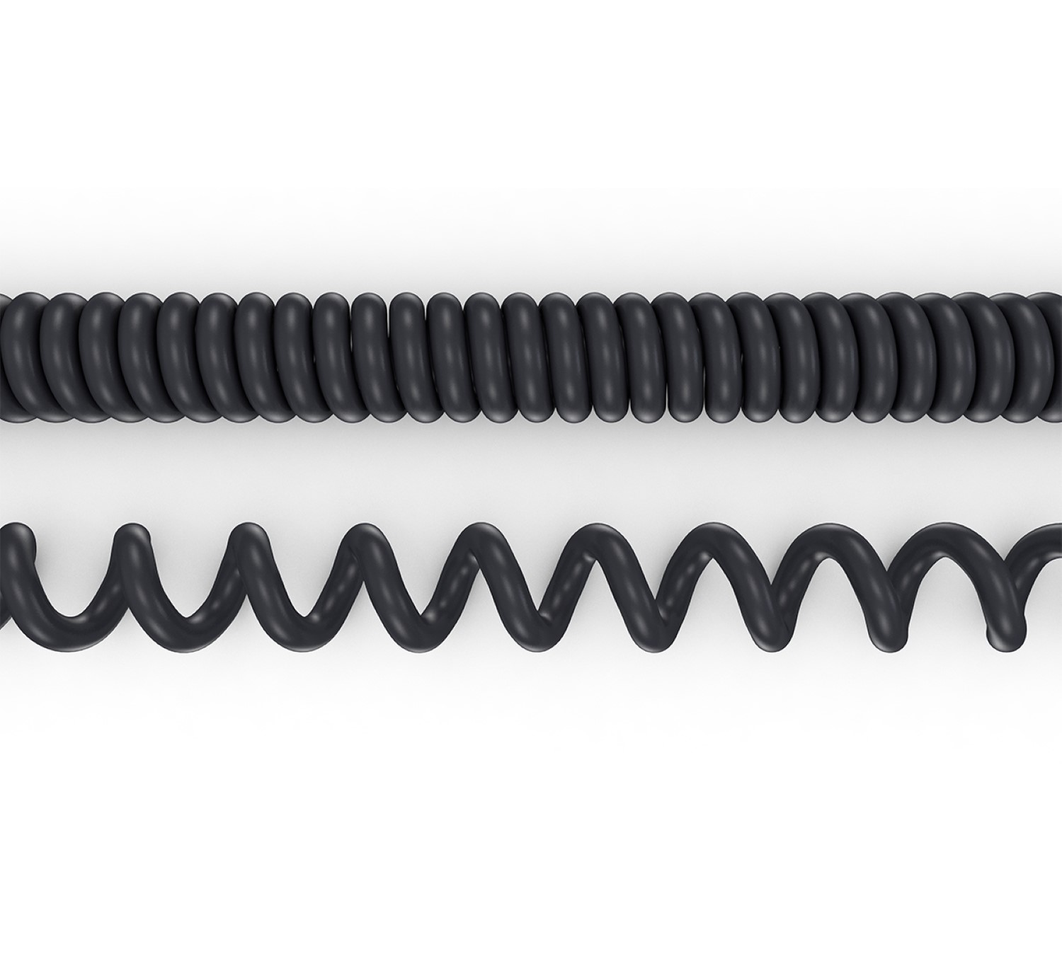 Zwei schwarze Spiralkabel, eines eng, eines locker gewickelt.