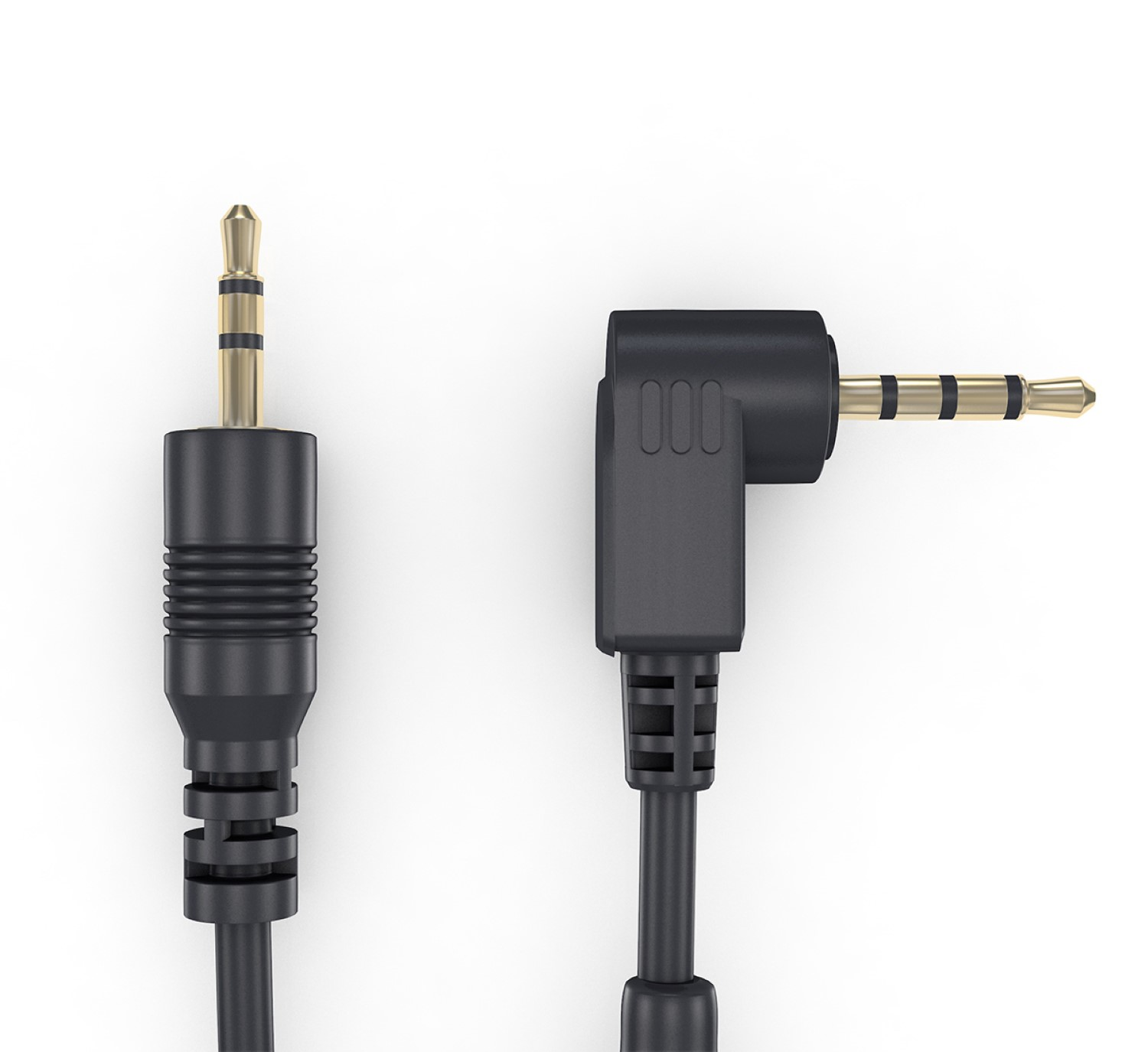 Zwei schwarze Audio-Klinkenkabel, abgewinkelt und gerade.